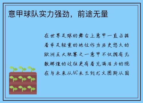 意甲球队实力强劲，前途无量