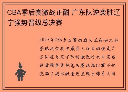 CBA季后赛激战正酣 广东队逆袭胜辽宁强势晋级总决赛