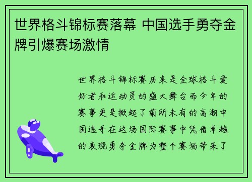 世界格斗锦标赛落幕 中国选手勇夺金牌引爆赛场激情