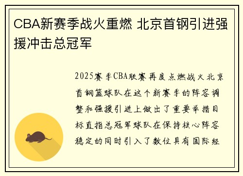 CBA新赛季战火重燃 北京首钢引进强援冲击总冠军