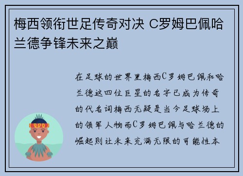 梅西领衔世足传奇对决 C罗姆巴佩哈兰德争锋未来之巅