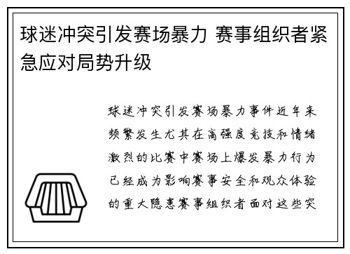 球迷冲突引发赛场暴力 赛事组织者紧急应对局势升级